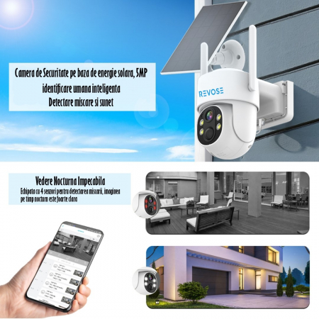 Camera de Supraveghere Video REVOSE™ 5MP 2560x1920, Aplicatie Dedicata, Intelligent Tracking, PTZ, WIFI, Lan, AP hotspot, Micro SD, Rotire, Alarma miscare, Interior si Exterior, cu Incarcare Solara [11]