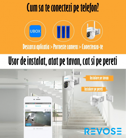 Camera de Supraveghere Video REVOSE™ 5MP 2560x1920, Aplicatie Dedicata, Intelligent Tracking, PTZ, WIFI, Lan, AP hotspot, Micro SD, Rotire, Alarma miscare, Interior si Exterior, cu Incarcare Solara [13]