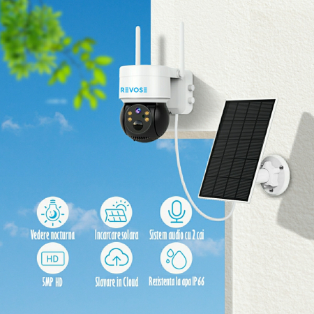 Camera Solara de Supraveghere Video REVOSE™ 5MP 2560x1920, Aplicatie Dedicata, Intelligent Tracking, PTZ, WIFI, Lan, AP hotspot, Micro SD, Rotire, Alarma miscare, Interior si Exterior, Incarcare Solar [10]