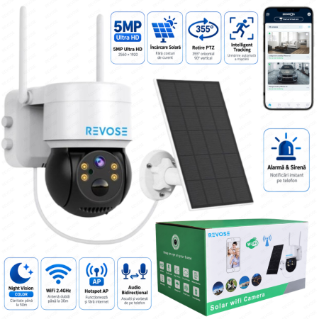 Toate categoriile - Camera Solara de Supraveghere Video REVOSE™ 5MP 2560x1920, Aplicatie Dedicata, Intelligent Tracking, PTZ, WIFI, Lan, AP hotspot, Micro SD, Rotire, Alarma miscare, Interior si Exterior, Incarcare Solar