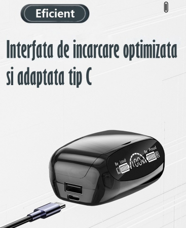 Casti Audio Wireless fara fir, Bluetooth 5.1, tip Earbuds cu Control Touch, Microfon, Noise Cancelling, True Wireless Stereo, tip Earpods Telefon, Universale, Carcasa magnetica, Negru [10]