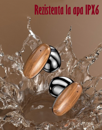 Casti Audio Wireless fara fir, Bluetooth 5.1, tip Earbuds cu Control Touch, Microfon, Noise Cancelling, True Wireless Stereo, tip Earpods Telefon, Universale, Carcasa magnetica, Lemn [10]