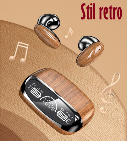 Casti Audio Wireless fara fir, Bluetooth 5.1, tip Earbuds cu Control Touch, Microfon, Noise Cancelling, True Wireless Stereo, tip Earpods Telefon, Universale, Carcasa magnetica, Lemn [4]