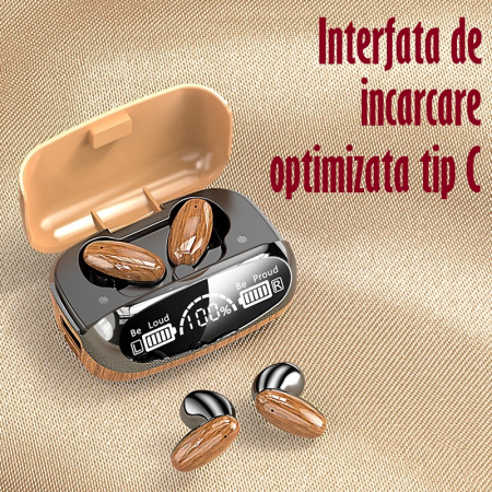 Casti Audio Wireless fara fir, Bluetooth 5.1, tip Earbuds cu Control Touch, Microfon, Noise Cancelling, True Wireless Stereo, tip Earpods Telefon, Universale, Carcasa magnetica, Lemn [9]