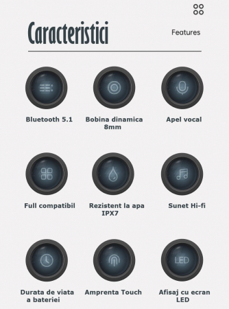 Casti Audio Wireless fara fir, Bluetooth 5.1, tip Earbuds cu Control Touch, Microfon, Noise Cancelling, True Wireless Stereo, tip Earpods Telefon, Universale, Carcasa magnetica, Negru [5]