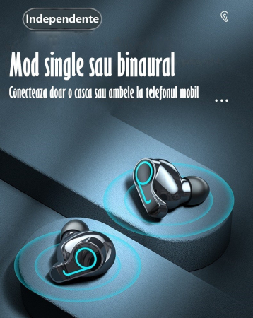 Casti Audio Wireless fara fir, Bluetooth 5.1, tip Earbuds cu Control Touch, Microfon, Noise Cancelling, True Wireless Stereo, tip Earpods Telefon, Universale, Carcasa magnetica, Negru [8]