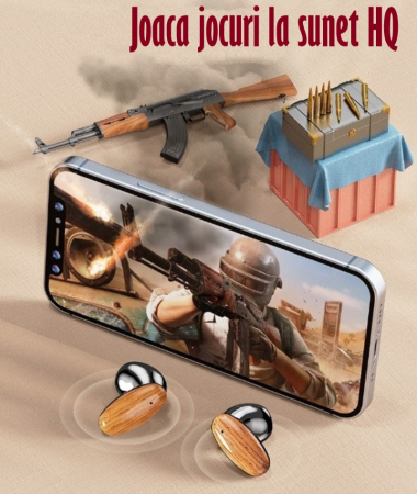 Casti Audio Wireless fara fir, Bluetooth 5.1, tip Earbuds cu Control Touch, Microfon, Noise Cancelling, True Wireless Stereo, tip Earpods Telefon, Universale, Carcasa magnetica, Lemn [5]