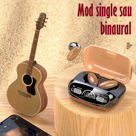 Casti Audio Wireless fara fir, Bluetooth 5.1, tip Earbuds cu Control Touch, Microfon, Noise Cancelling, True Wireless Stereo, tip Earpods Telefon, Universale, Carcasa magnetica, Lemn [1]