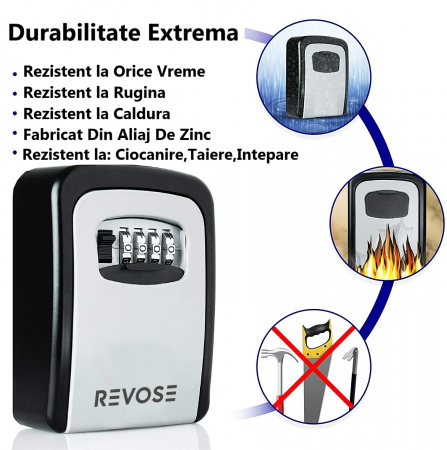 Cutie Metalica REVOSE™ Interior-Exterior Pentru Chei cu Cifru Mecanic, 130x100x50 mm, Regim Hotelier, Air-Bnb, Waterproof, Montare Perete [8]