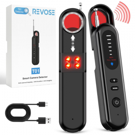 Dispozitive spionaj - Detector Profesional Aparate Spionaj, REVOSE™, Detecteaza Camere Ascunse, GPS, Dispozitive GSM, Microfoane Ascunse, Reportofoane, Lentila Si Lampa Cu Laser LED, 6 Nivele de sensibilitate, Protejeaza i