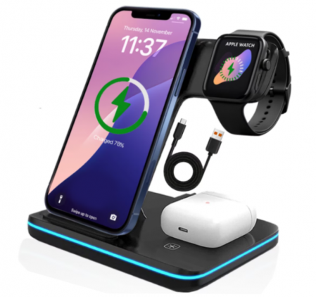 Incarcatoare telefoane - Incarcator Wireless REVOSE™, Statie Incarcare 3 In 1 Qi Fast Charger 15W Incarcare Rapida Compatibil Cu Apple Watch, Airpods, Iphone Android Samsung Huawei Xiaomi, Cablu inclus, Black
