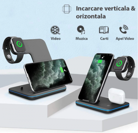 Incarcator Wireless REVOSE™, Statie Incarcare 3 In 1 Qi Fast Charger 15W Incarcare Rapida Compatibil Cu Apple Watch, Airpods, Iphone Android Samsung Huawei Xiaomi, Cablu inclus, Negru [1]