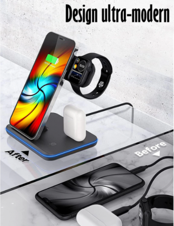 Incarcator Wireless REVOSE™, Statie Incarcare 3 In 1 Qi Fast Charger 15W Incarcare Rapida Compatibil Cu Apple Watch, Airpods, Iphone Android Samsung Huawei Xiaomi, Cablu inclus, Negru [6]