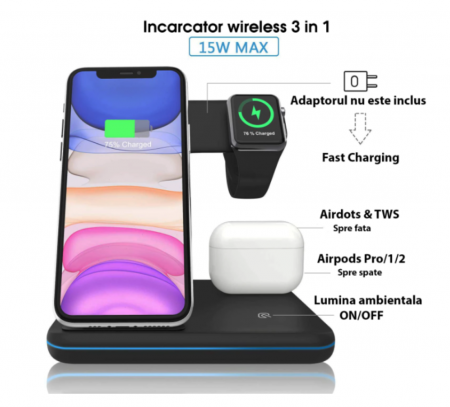 Incarcator Wireless REVOSE™, Statie Incarcare 3 In 1 Qi Fast Charger 15W Incarcare Rapida Compatibil Cu Apple Watch, Airpods, Iphone Android Samsung Huawei Xiaomi, Cablu inclus, Negru [3]