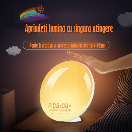 Lampa LED Inteligenta, Radio FM cu Ceas si Alarma, Simulare Rasarit & Apus de Soare, Sunete albe, 7 culori LED, Smart Wake-up light, Port USB [14]