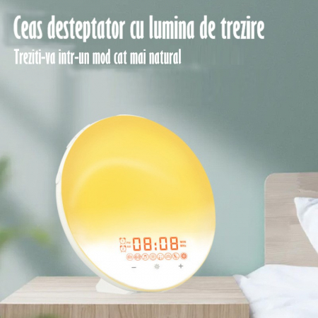 Lampa LED Inteligenta, Radio FM cu Ceas si Alarma, Simulare Rasarit & Apus de Soare, Sunete albe, 7 culori LED, Smart Wake-up light, Port USB [10]