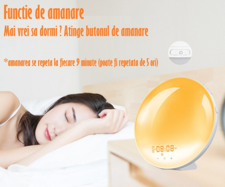 Lampa LED Inteligenta, Radio FM cu Ceas si Alarma, Simulare Rasarit & Apus de Soare, Sunete albe, 7 culori LED, Smart Wake-up light, Port USB [9]