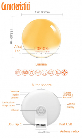 Lampa LED Inteligenta, Radio FM cu Ceas si Alarma, Simulare Rasarit si Apus de Soare, Sunete albe, 7 culori LED, Smart Wake-up light, Port USB [5]