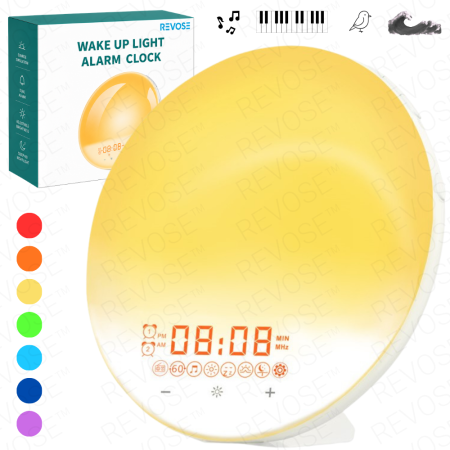 Veioze si lampi - Lampa LED Inteligenta, Radio FM cu Ceas si Alarma, Simulare Rasarit si Apus de Soare, Sunete albe, 7 culori LED, Smart Wake-up light, Port USB
