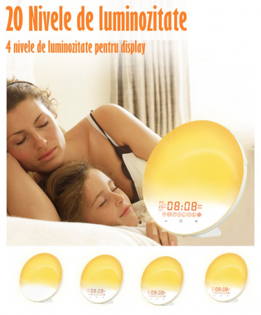 Lampa LED Inteligenta, Radio FM cu Ceas si Alarma, Simulare Rasarit si Apus de Soare, Sunete albe, 7 culori LED, Smart Wake-up light, Port USB [14]