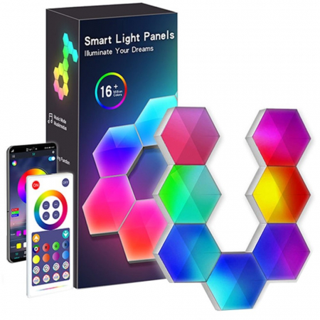 Veioze si lampi - Lampa Modulara Inteligenta tip Hexagon cu Aprindere prin Atingere Led RGB, 6 Panouri Tactile, Voice Control, App/control IOS/Android, Alexa/Google Home, Wi-Fi, Port USB, Telecomanda Inclusa