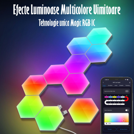 Cutie Rupta -Lampa Modulara Inteligenta tip Hexagon cu Aprindere prin Atingere Led RGB, 6 Panouri Tactile, Voice Control, App/control IOS/Android, Alexa/Google Home, Wi-Fi, Port USB, Telecomanda Inclu [9]