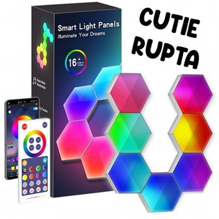 Veioze si lampi - Cutie Rupta -Lampa Modulara Inteligenta tip Hexagon cu Aprindere prin Atingere Led RGB, 6 Panouri Tactile, Voice Control, App/control IOS/Android, Alexa/Google Home, Wi-Fi, Port USB, Telecomanda Inclu