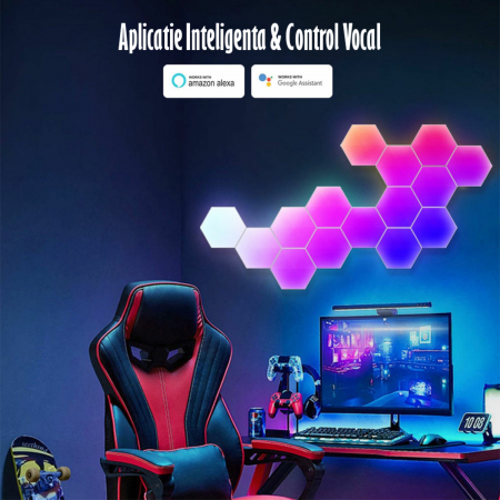 Lampa Modulara Inteligenta tip Hexagon cu Aprindere prin Atingere Led RGB, 6 Panouri Tactile, Voice Control, App control IOS/Android, Alexa/Google Home, Wi-Fi, Port USB, Telecomanda Inclusa [8]