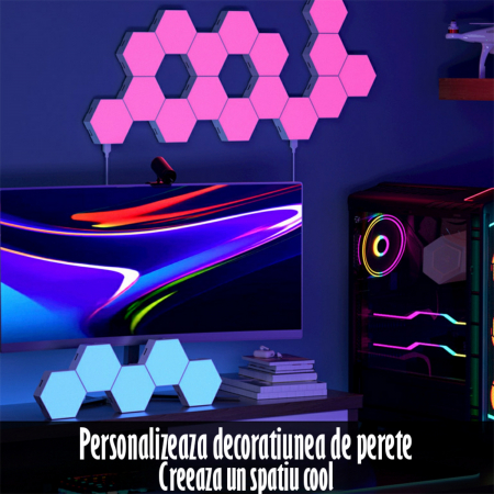 Lampa Modulara Inteligenta tip Hexagon cu Aprindere prin Atingere Led RGB, 6 Panouri Tactile, Voice Control, App control IOS/Android, Alexa/Google Home, Wi-Fi, Port USB, Telecomanda Inclusa [5]