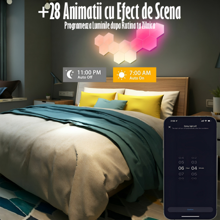 Lampa Modulara Inteligenta tip Hexagon cu Aprindere prin Atingere Led RGB, 6 Panouri Tactile, Voice Control, App control IOS/Android, Alexa/Google Home, Wi-Fi, Port USB, Telecomanda Inclusa [10]