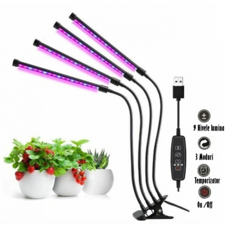 Lampa UV Full Spectrum pentru Cresterea Plantelor cu 4 picioare si 120 LED-uri, 40 w, Temporizator, Corp Reglabil, Clips si Adaptor USB, Lumina UV [16]
