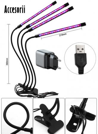 Lampa UV Full Spectrum pentru Cresterea Plantelor cu 4 picioare si 120 LED-uri, 40 w, Temporizator, Corp Reglabil, Clips si Adaptor USB, Lumina UV [1]