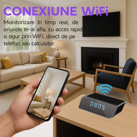 Mini camera Spy REVOSE™, WI-FI, IP, Ascunsa in Ceas Desteptator, Microfon, Infrarosu, 1080P, Activare la Miscare, Card Micro SD 128GB Inclus [1]