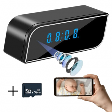 Dispozitive spionaj - Mini camera Spy REVOSE™, WI-FI, IP, Ascunsa in Ceas Desteptator, Microfon, Infrarosu, 1080P, Activare la Miscare, Card Micro SD 32GB Inclus