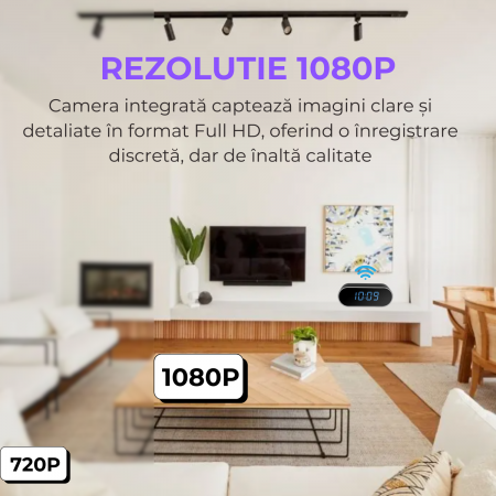 Mini camera Spy REVOSE™, WI-FI, IP, Ascunsa in Ceas Desteptator, Microfon, Infrarosu, 1080P, Activare la Miscare, Rotunda, Card Micro SD 128GB Inclus [7]