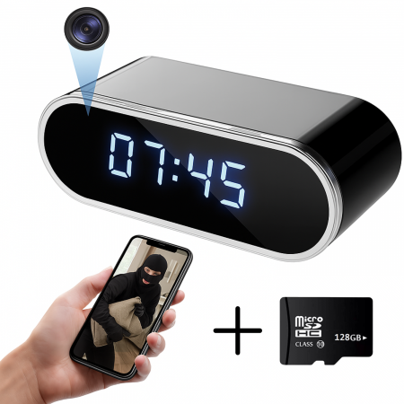 Dispozitive spionaj - Mini camera Spy REVOSE™, WI-FI, IP, Ascunsa in Ceas Desteptator, Microfon, Infrarosu, 1080P, Activare la Miscare, Rotunda, Card Micro SD 128GB Inclus