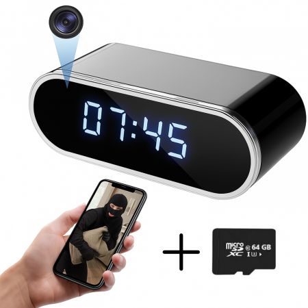 Dispozitive spionaj - Mini camera Spy REVOSE™, WI-FI, IP, Ascunsa in Ceas Desteptator, Microfon, Infrarosu, 1080P, Activare la Miscare, Rotunda, Card Micro SD 64GB Inclus