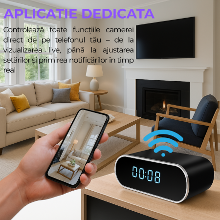 Mini camera Spy REVOSE™, WI-FI, IP, Ascunsa in Ceas Desteptator, Microfon, Infrarosu, 1080P, Activare la Miscare, Rotunda, Card Micro SD 64GB Inclus [6]