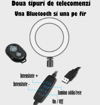 Ring Light Lampa Circulara REVOSE™ cu Extra Brat, Diametru 26cm/10inch LED, Lumina Naturala/Rece/Calda, Trepied 210 cm Inclus, Telecomanda Bluetooth [5]
