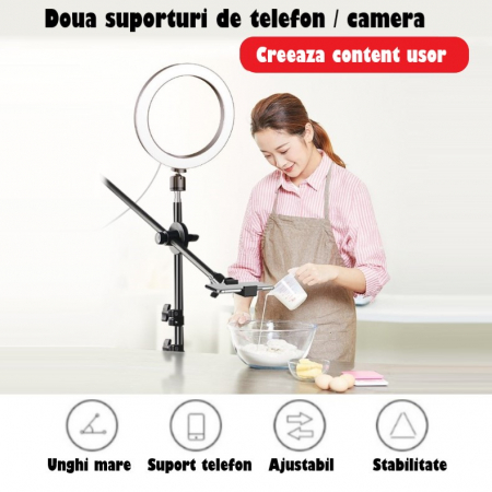 Ring Light Lampa Circulara REVOSE™ cu Extra Brat, Diametru 26cm/10inch LED, Lumina Naturala/Rece/Calda, Trepied 210 cm Inclus, Telecomanda Bluetooth [8]