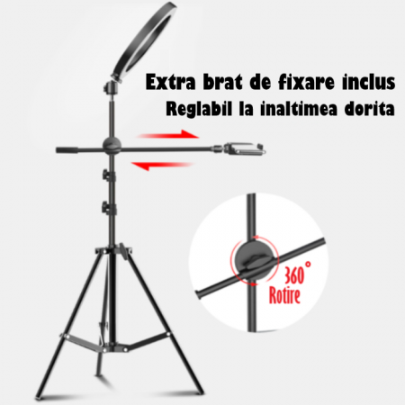 Ring Light Lampa Circulara REVOSE™ cu Extra Brat, Diametru 36cm/14inch LED, Lumina Naturala/Rece/Calda, Trepied 210 cm Inclus, Telecomanda Bluetooth [10]