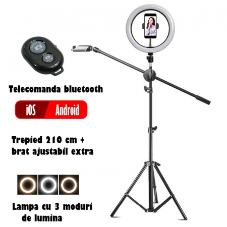 Ring Light Lampa Circulara REVOSE™ cu Extra Brat, Diametru 36cm/14inch LED, Lumina Naturala/Rece/Calda, Trepied 210 cm Inclus, Telecomanda Bluetooth [11]