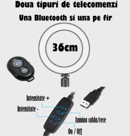 Ring Light Lampa Circulara REVOSE™ cu Extra Brat si 3 suporturi telefon, Diametru 36cm/14inch LED, Lumina Naturala/Rece/Calda, Trepied 210 cm Inclus, Telecomanda Bluetooth [5]
