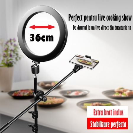 Ring Light Lampa Circulara REVOSE™ cu Extra Brat si 3 suporturi telefon, Diametru 36cm/14inch LED, Lumina Naturala/Rece/Calda, Trepied 210 cm Inclus, Telecomanda Bluetooth [8]