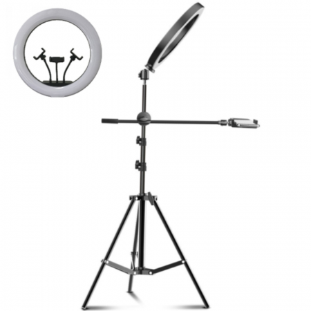 Toate categoriile - Ring Light Lampa Circulara REVOSE™ cu Extra Brat si 3 suporturi telefon, Diametru 36cm/14inch LED, Lumina Naturala/Rece/Calda, Trepied 210 cm Inclus, Telecomanda Bluetooth