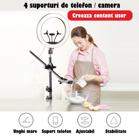 Ring Light Lampa Circulara REVOSE™ cu Extra Brat si 3 suporturi telefon, Diametru 36cm/14inch LED, Lumina Naturala/Rece/Calda, Trepied 210 cm Inclus, Telecomanda Bluetooth [7]