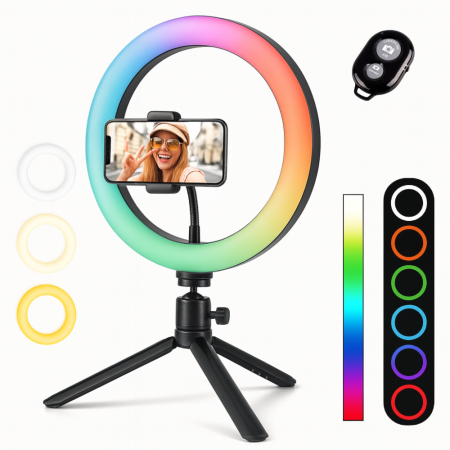 Toate categoriile - Ring Light Lampa Circulara REVOSE™, Diametru 26cm/10inch LED, Lumina Naturala/Rece/Calda, 15 culori RGB, Trepied Inclus, Telecomanda Bluetooth