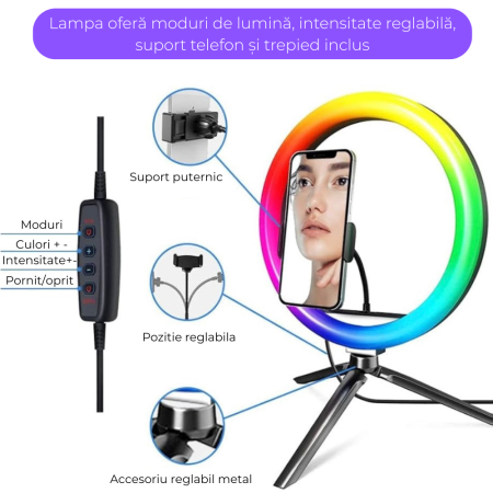 Ring Light Lampa Circulara REVOSE™, Diametru 26cm/10inch LED, Lumina Naturala/Rece/Calda, 15 culori RGB, Trepied Inclus, Telecomanda Bluetooth [7]
