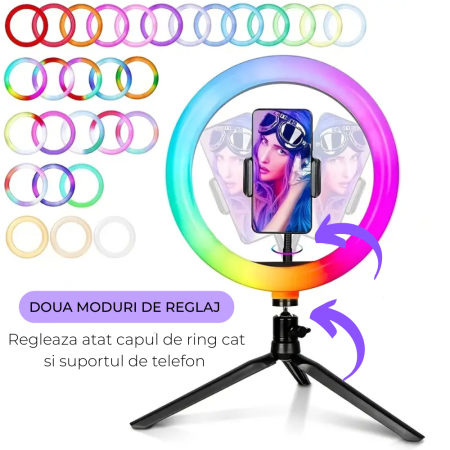 Ring Light Lampa Circulara REVOSE™, Diametru 26cm/10inch LED, Lumina Naturala/Rece/Calda, 15 culori RGB, Trepied Inclus, Telecomanda Bluetooth [8]
