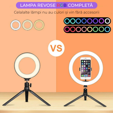Ring Light Lampa Circulara REVOSE™, Diametru 26cm/10inch LED, Lumina Naturala/Rece/Calda, 15 culori RGB, Trepied Inclus, Telecomanda Bluetooth [2]